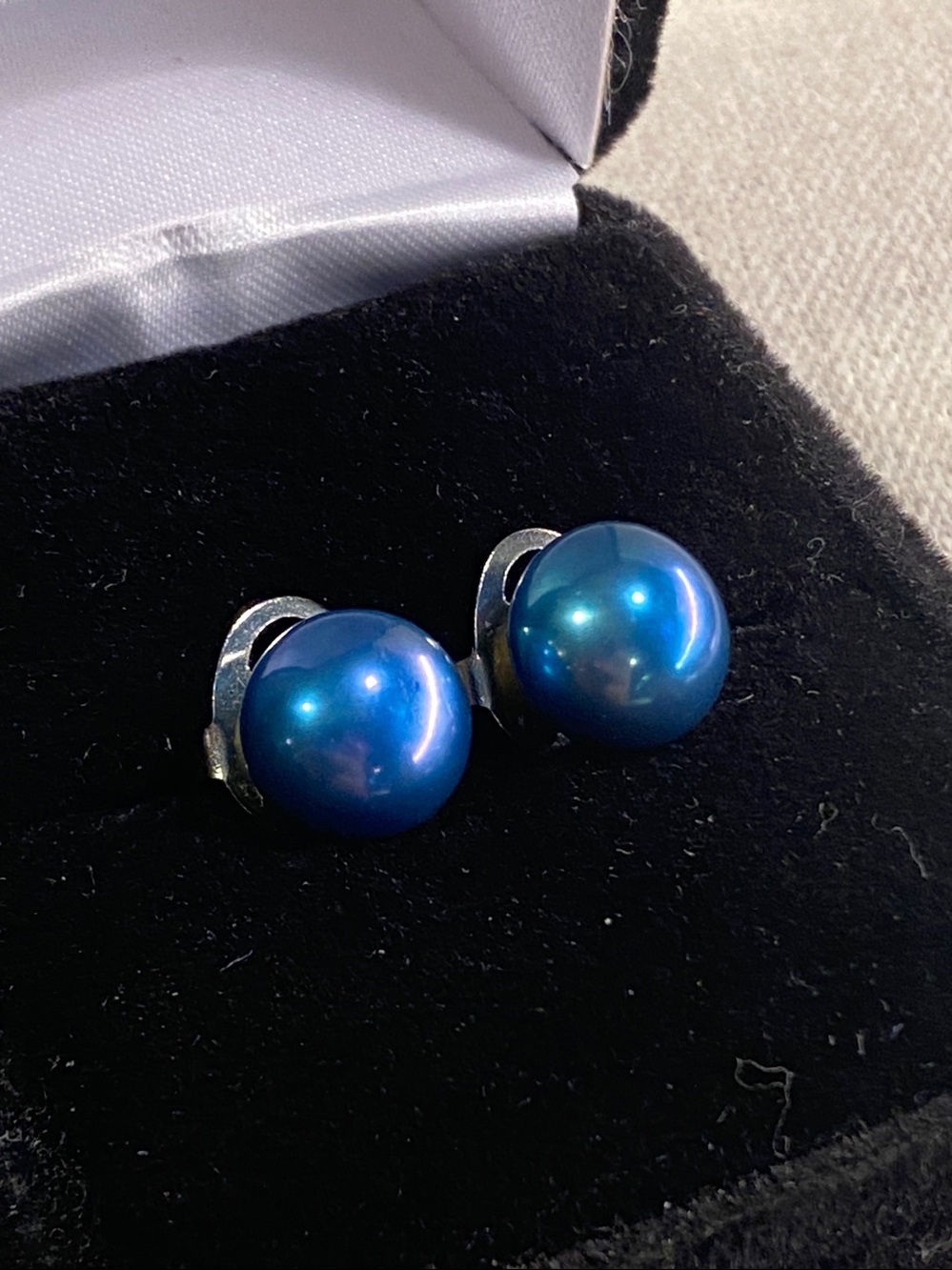 Genuine Blue Pearl Stud Earrings Stainless Steel 7-8mm Iridescent Lustre